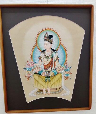【真作】柳原妙秀/観音画賛/観音像図/掛軸/名家伝来/AC-212 ☆仏画教室・柳原朗月先生が「日本扇面アート展」で「知事賞」を受賞